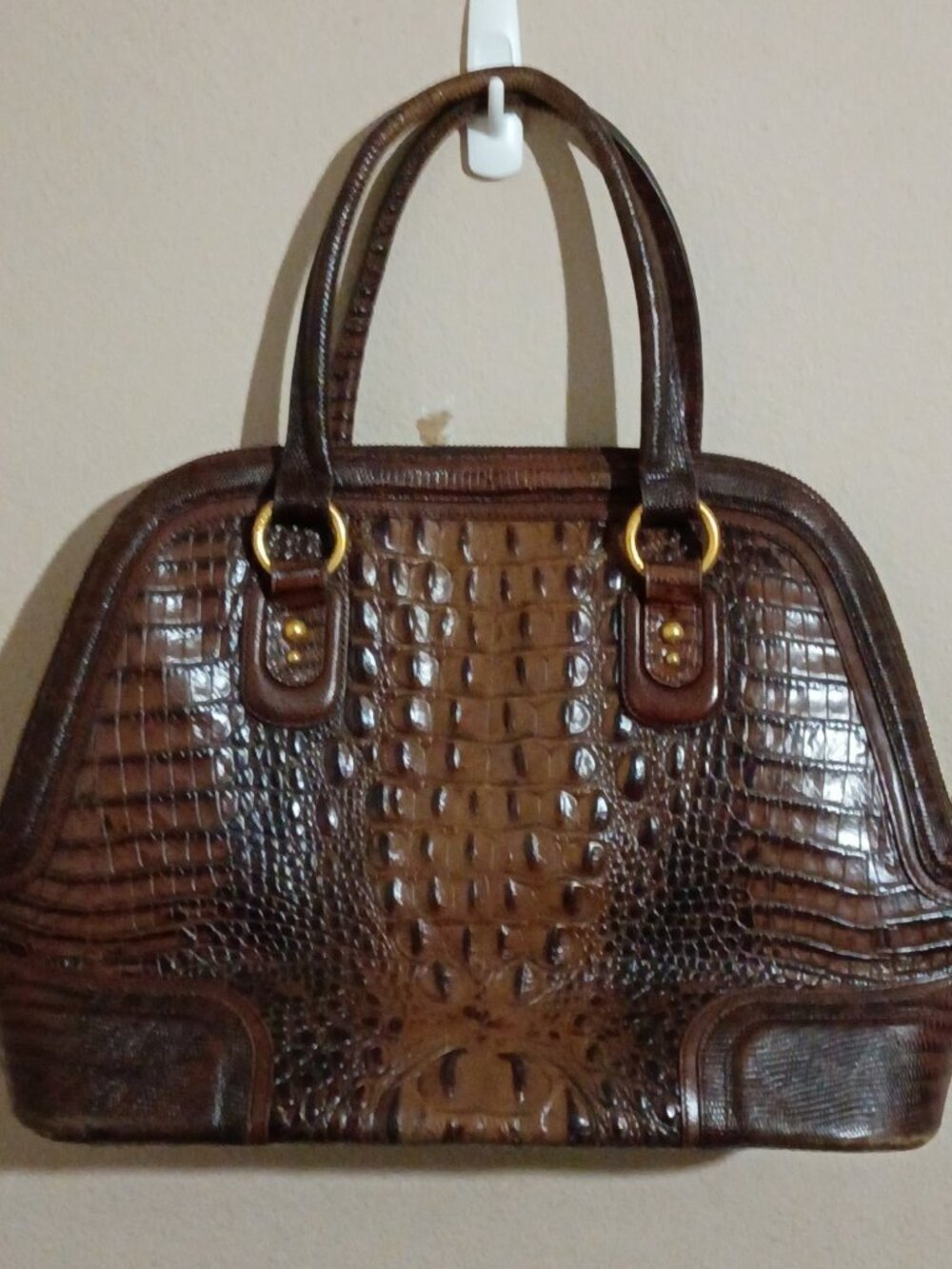 Brahmin Pecan Brown Crocodile Croc Embossed Leather Purse Handbag Dome Top - Picture 5 of 13